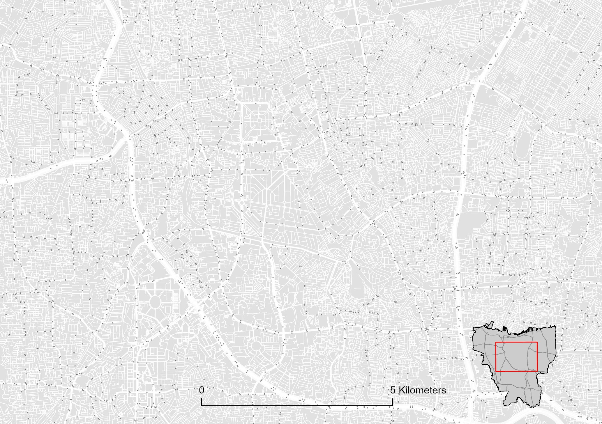 Road Geometry and public transportation stops (source: OpenStreetMap and Trafi, 2020)