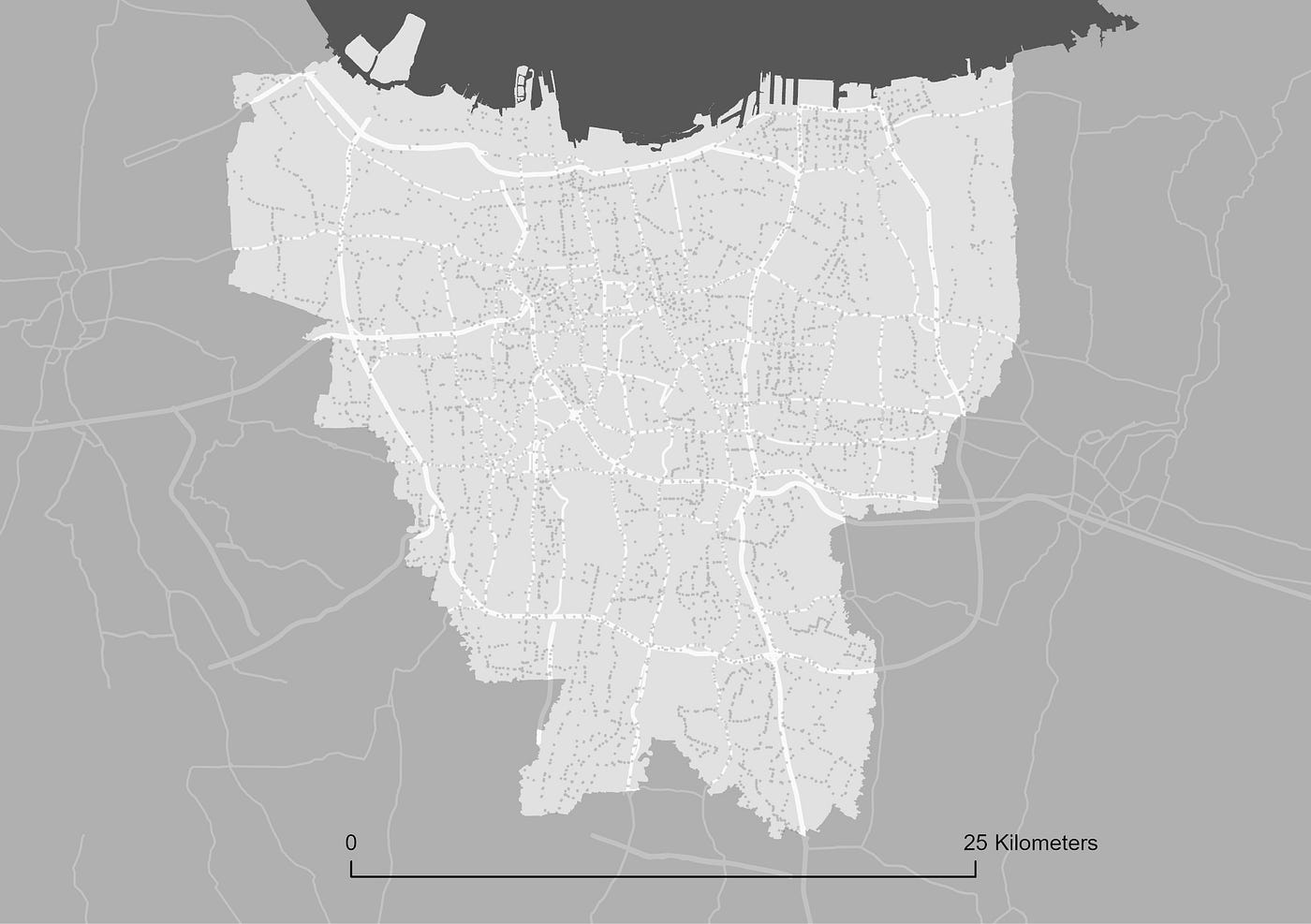 All Jakarta Transportation stops: Angkot, Mikrolet, Jak Lingko, Transjakarta, Train stations, and more (Trafi, 2020). The Road geometry is collected from OpenStreetMap