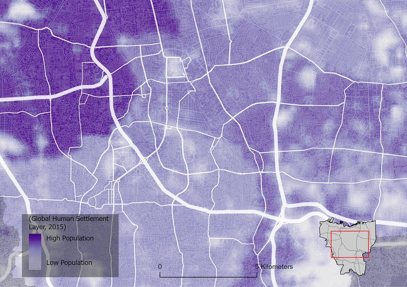 GHSL, population density (GHSL, 2015) displayed by bilinear interpolation. The actual data is a raster with a cell size of 250x250m.
